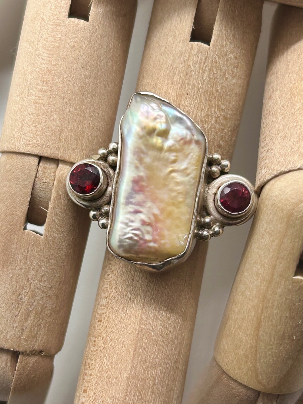 Keshi Pearl and Garnet Sterling Ring Size 6